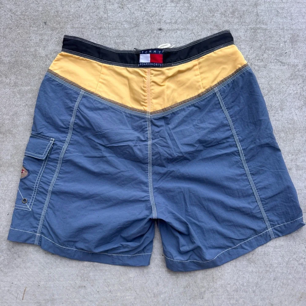 Vintage 90s Tommy Hilfiger Colorblock Board Shorts Blue Yellow Swim Trunks